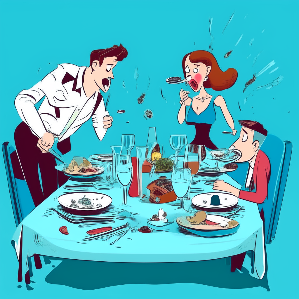 playful cartoon drawing of a double date dinner table with caricature couples, crazy dishes and decor against a solid blue background