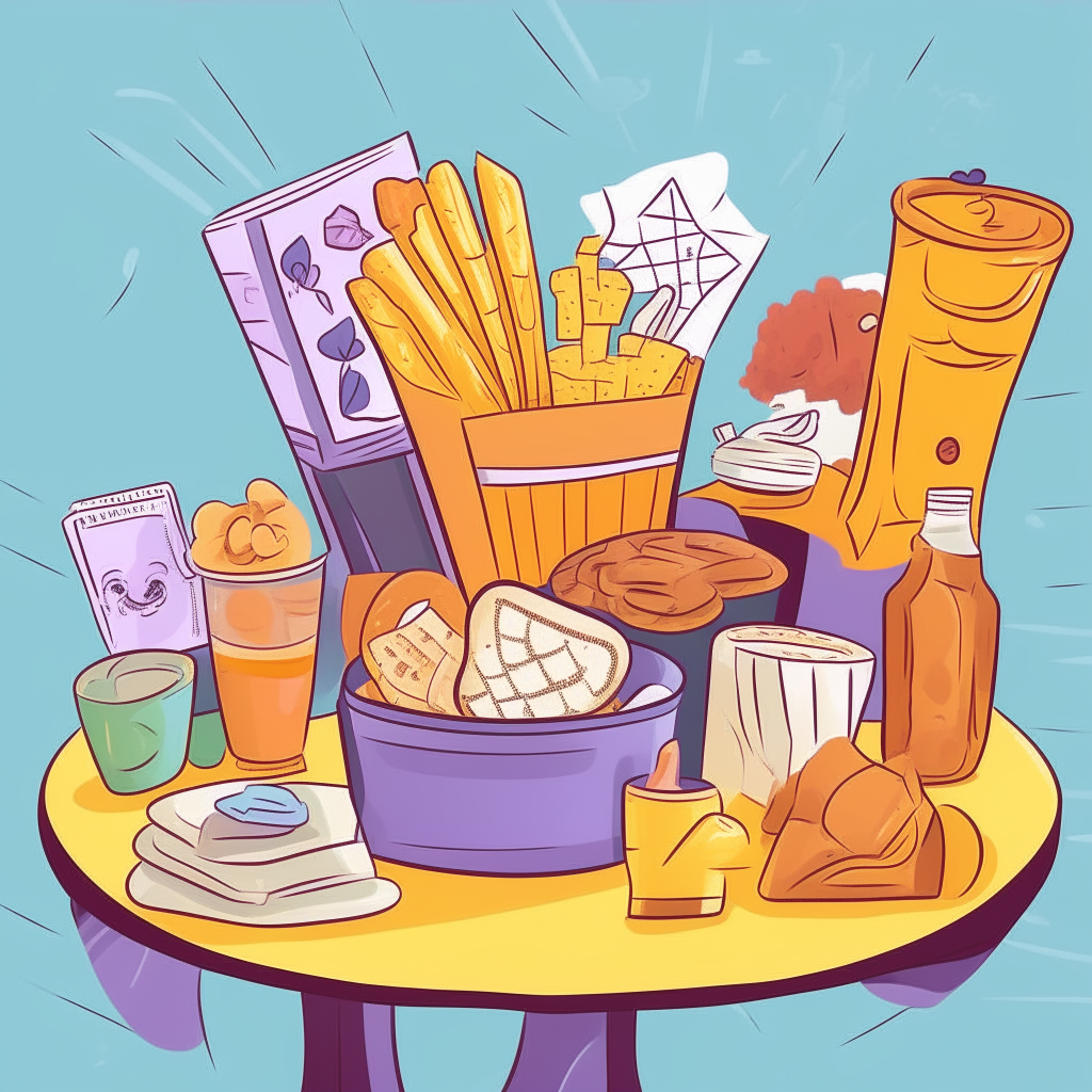 cartoon drawing of french toast, fruit, mimosas and laughing friends at a brunch table against a light blue background