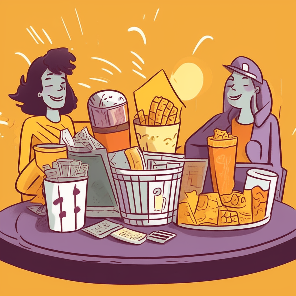 cartoon drawing of waffles, coffee, juice and chatting friends at a brunch table against a yellow background