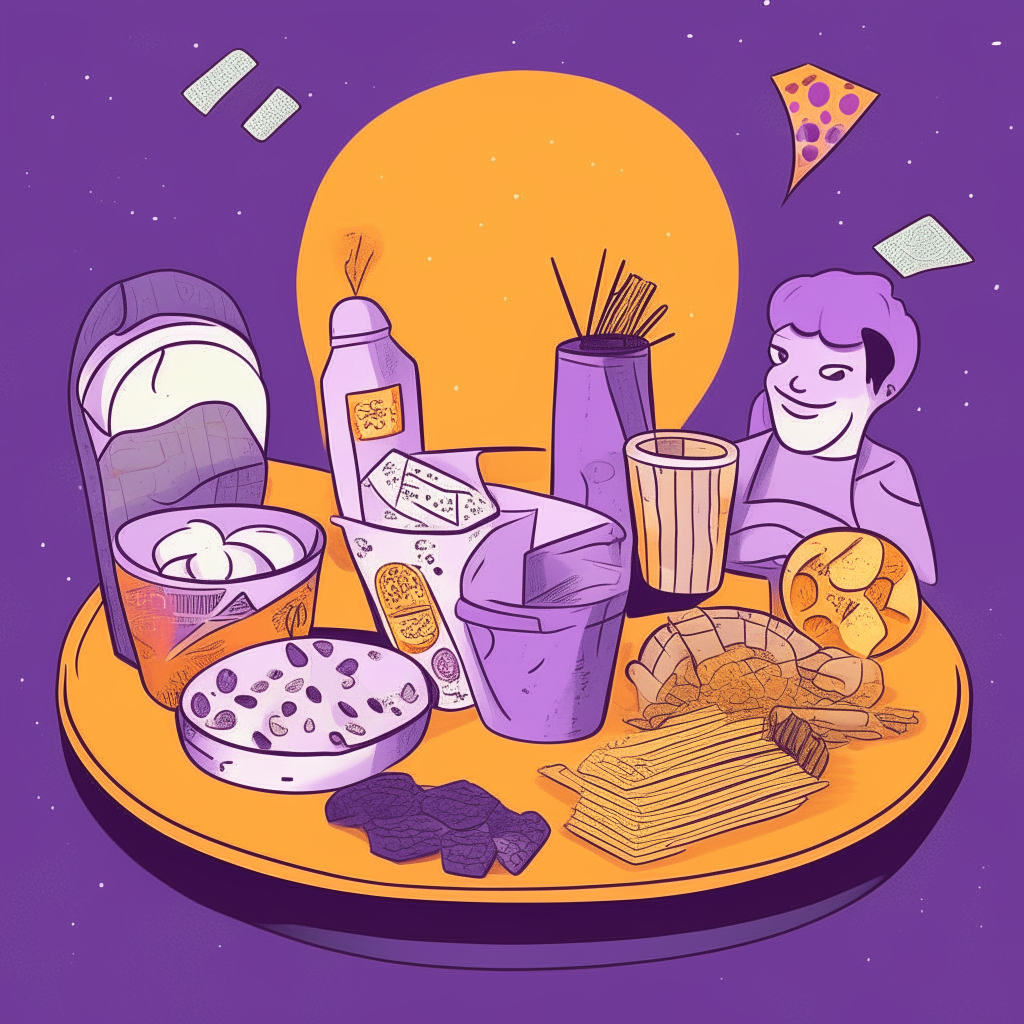 cartoon drawing of two couples at a brunch table eating fried eggs and drinking mimosas against a purple background