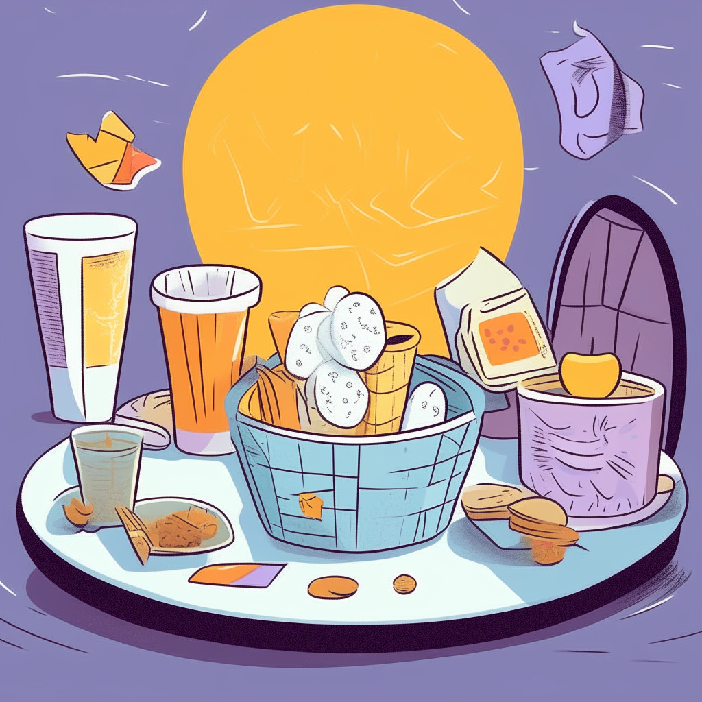 cartoon drawing of two couples chatting at a brunch table with fried eggs, fruit and mimosas against a blue background