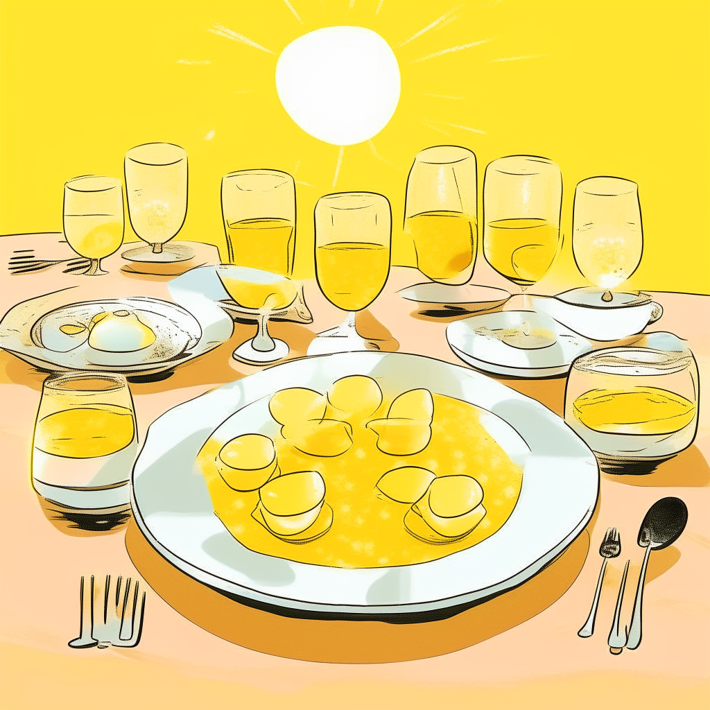 cartoon drawing of a table set for 4 couples with 4 fried egg breakfasts and 4 champagne glasses against a yellow background