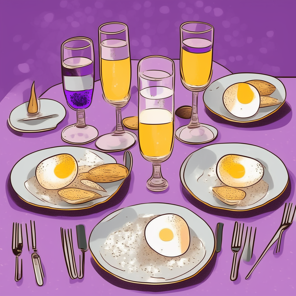 cartoon drawing of a table set for 4 people with 4 fried egg breakfasts and 4 champagne glasses against a purple background