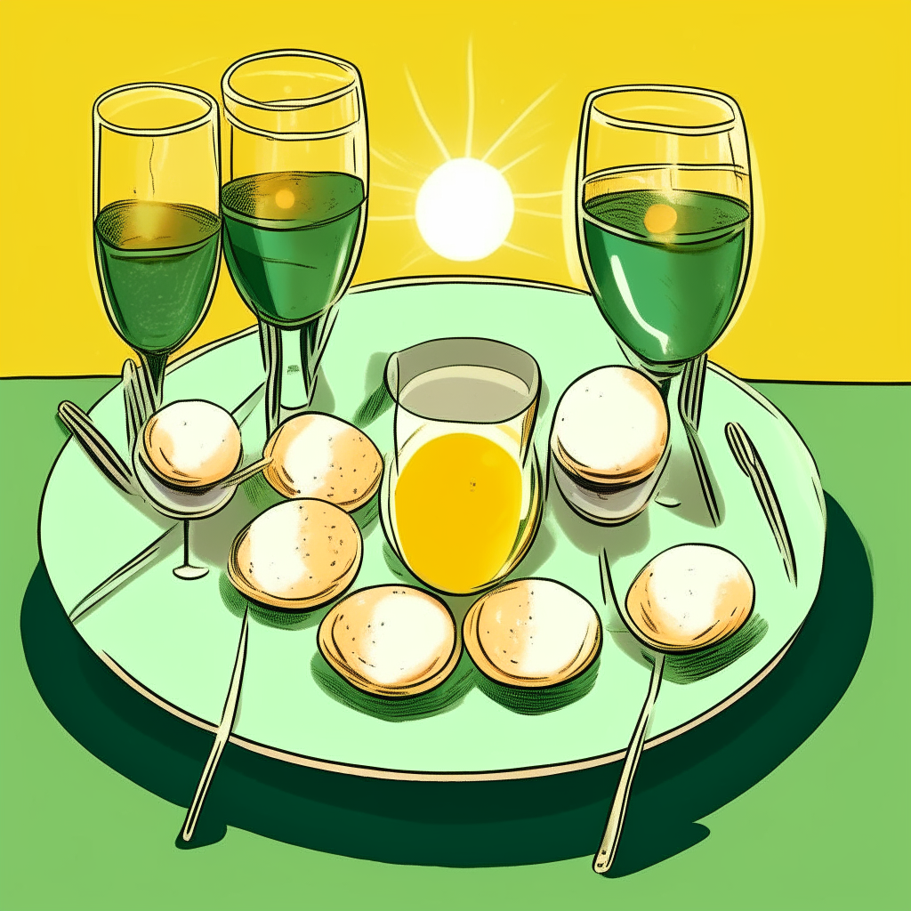 cartoon drawing of a table set for 4 friends with 4 sunny side up fried eggs and 4 champagne glasses against a green background