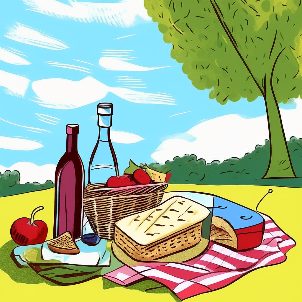 cartoon drawing of a picnic blanket with sandwiches, fruit, and a bottle of wine in a park setting against a blue sky background