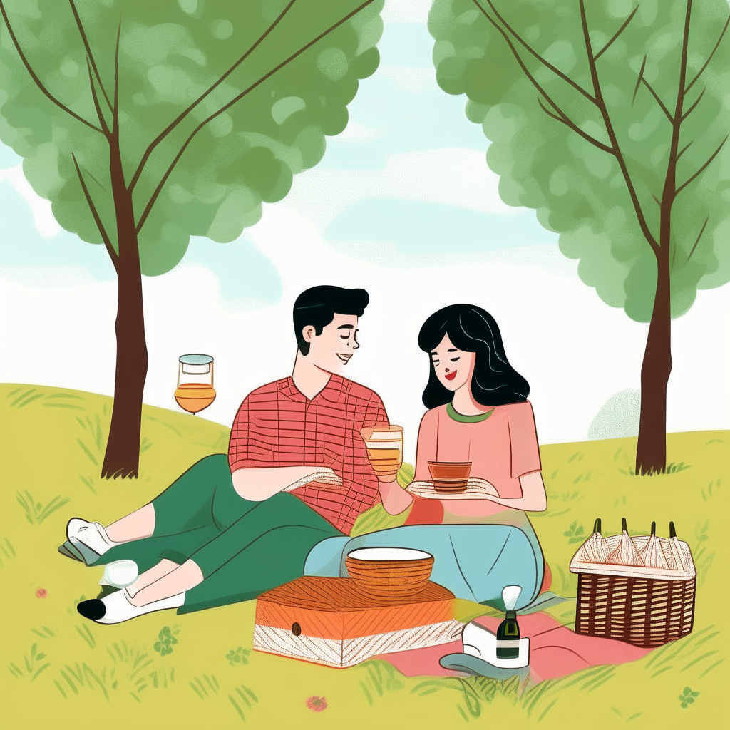 cartoon drawing of a couple sitting on a picnic blanket among trees with a basket of food and drinks against a green park background