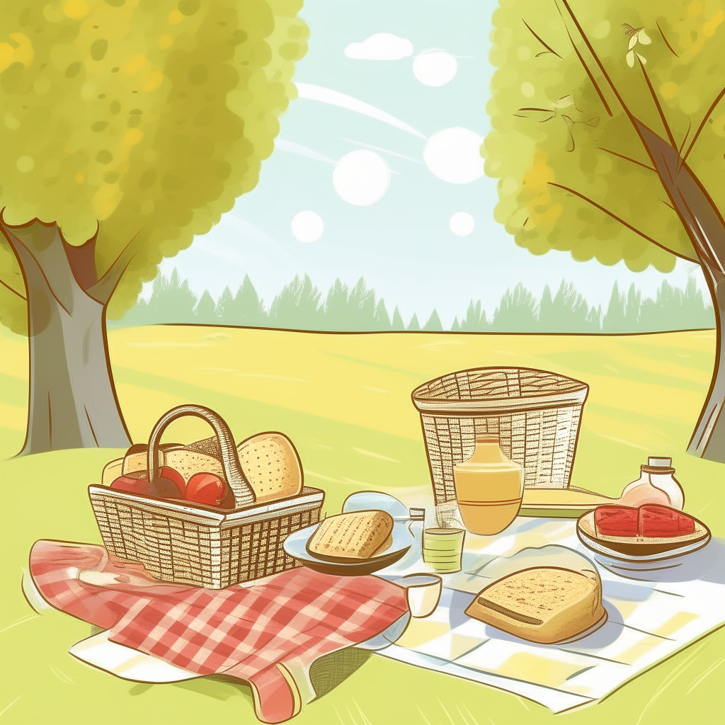 cartoon drawing of picnic supplies including blanket, sandwiches, pie, and lemonade against a sunny park background with trees