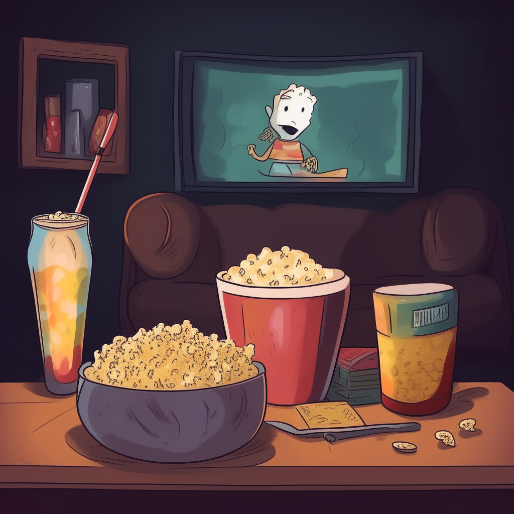 cartoon drawing of popcorn, candy, soda and a tv remote on a coffee table against a dark room background