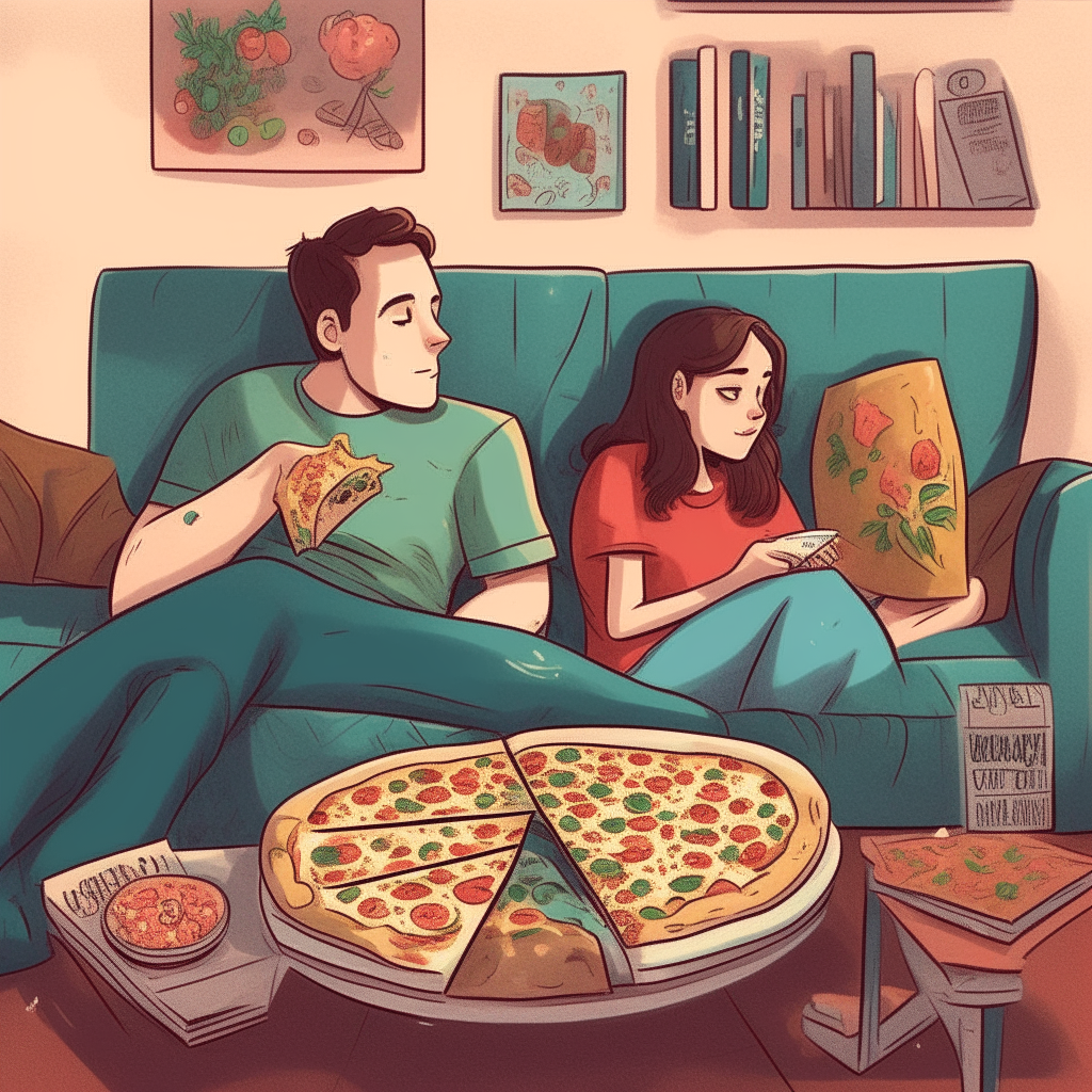 cartoon drawing of a couple snuggling on a couch with pizza, snacks and sodas watching a movie against a living room background