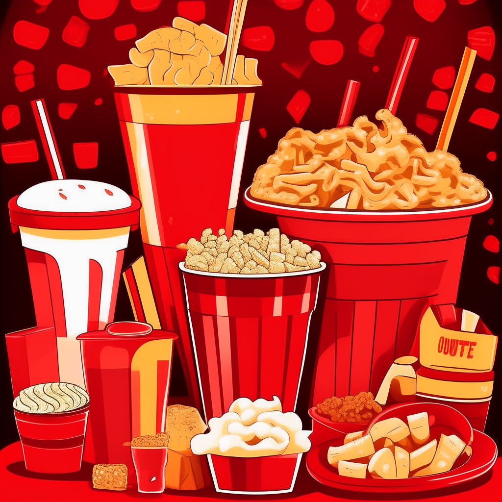 cartoon drawing of movie theater candy, popcorn, hot dogs and drinks against a solid red background