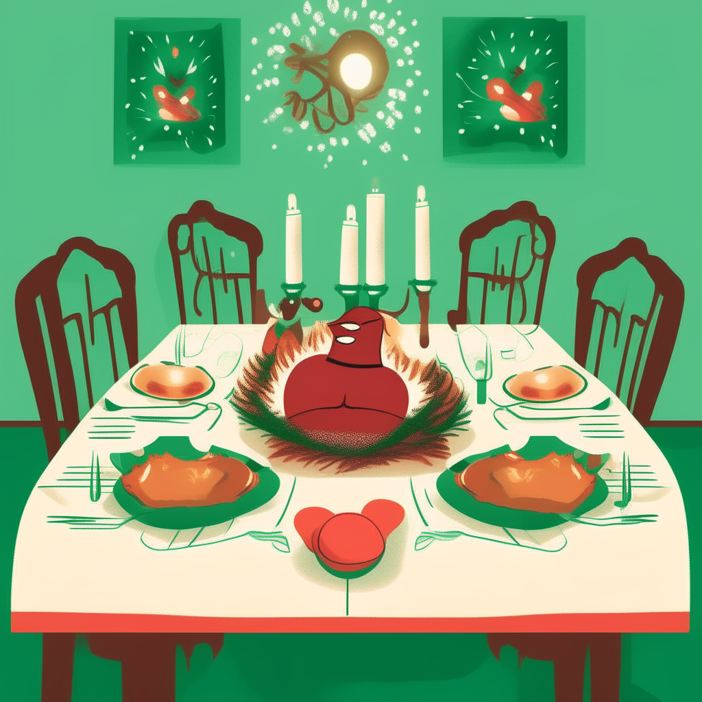 cartoon drawing of a Christmas table set for a couple with turkey, candles and gifts against a green background with snowflakes