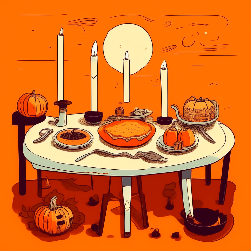 cartoon drawing of a Halloween table set for two with pumpkin pie, candy, and candles against an orange background with bats