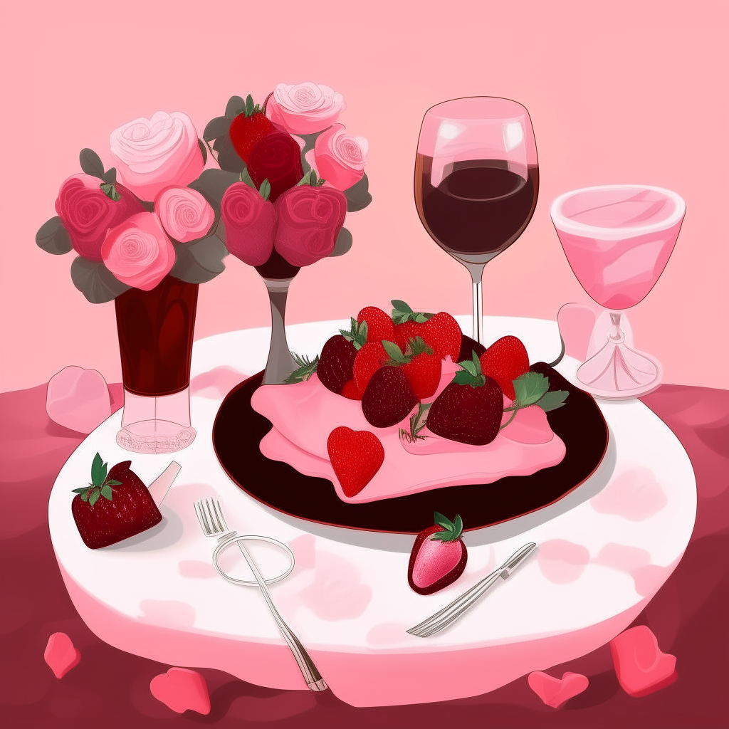 cartoon drawing of a Valentine's table for a couple with roses, chocolate covered strawberries and wine against a pink background with hearts