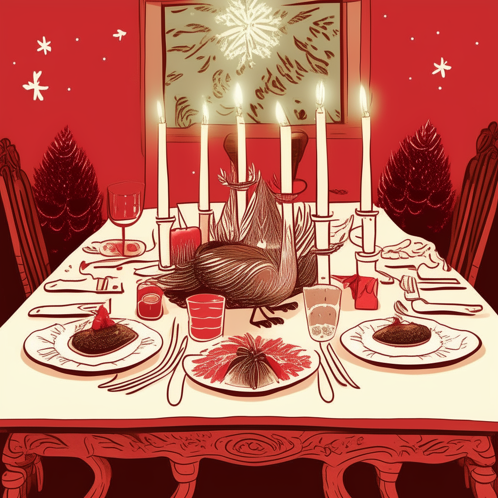 cartoon drawing of a Christmas table set for a couple with turkey, mistletoe, presents and candles against a red background with snowflakes