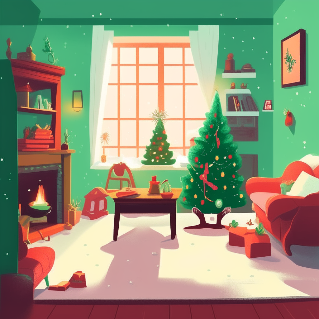 cartoon drawing of a Christmas living room with a tree, stockings, and a couple opening gifts against a green background with snow