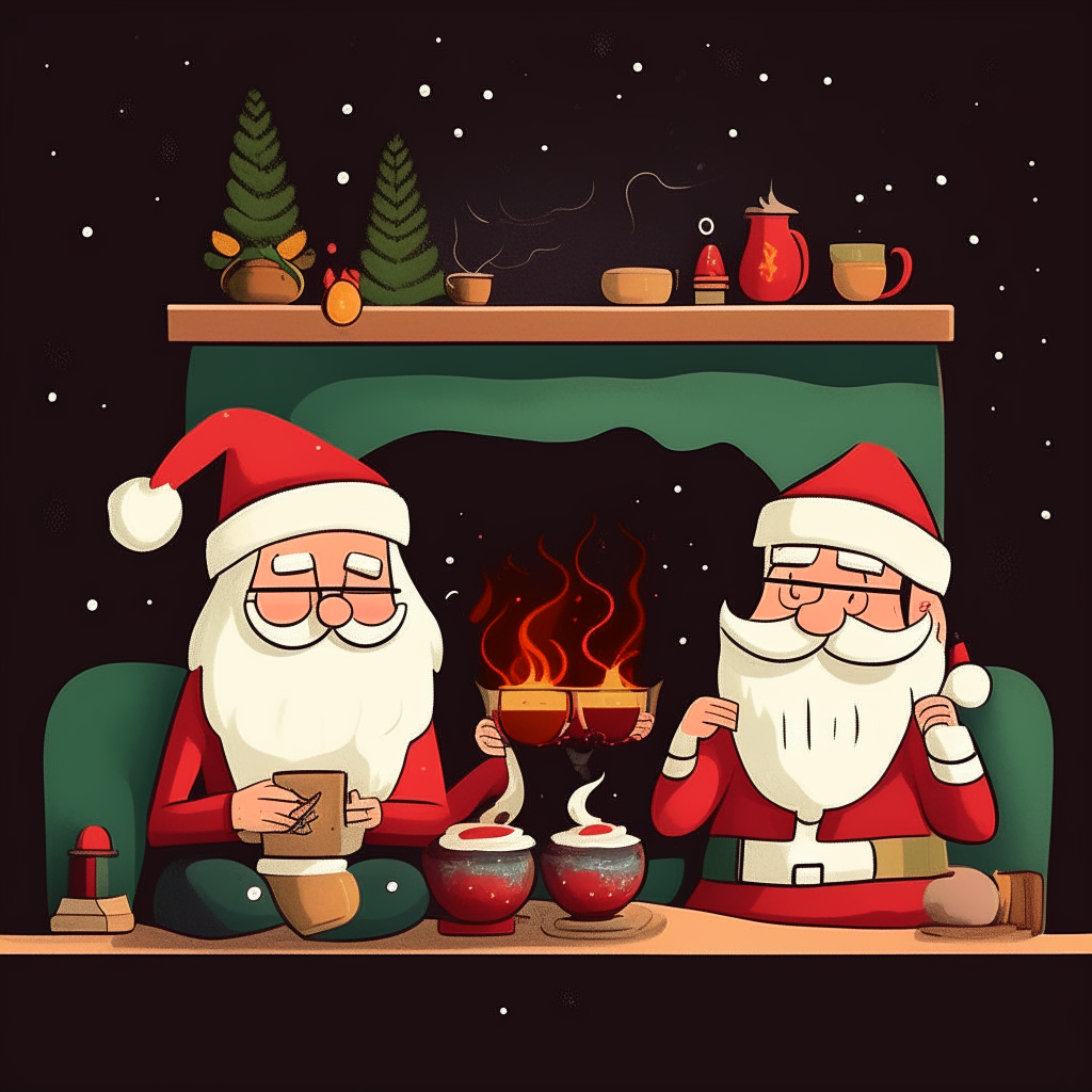 cartoon drawing of a couple wearing Santa hats drinking eggnog next to a fireplace with stockings against a dark background