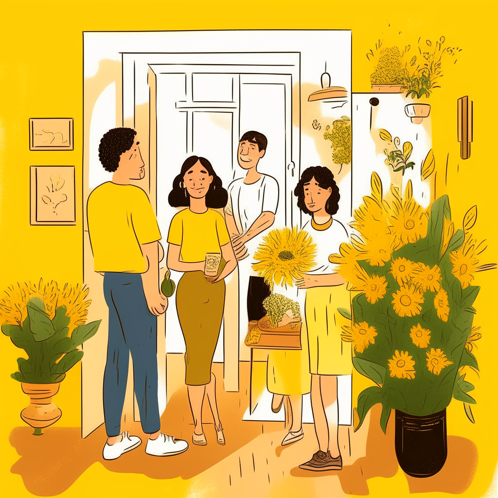 cartoon drawing of a couple welcoming friends into their home with flowers, food and drinks ready against a yellow wall background