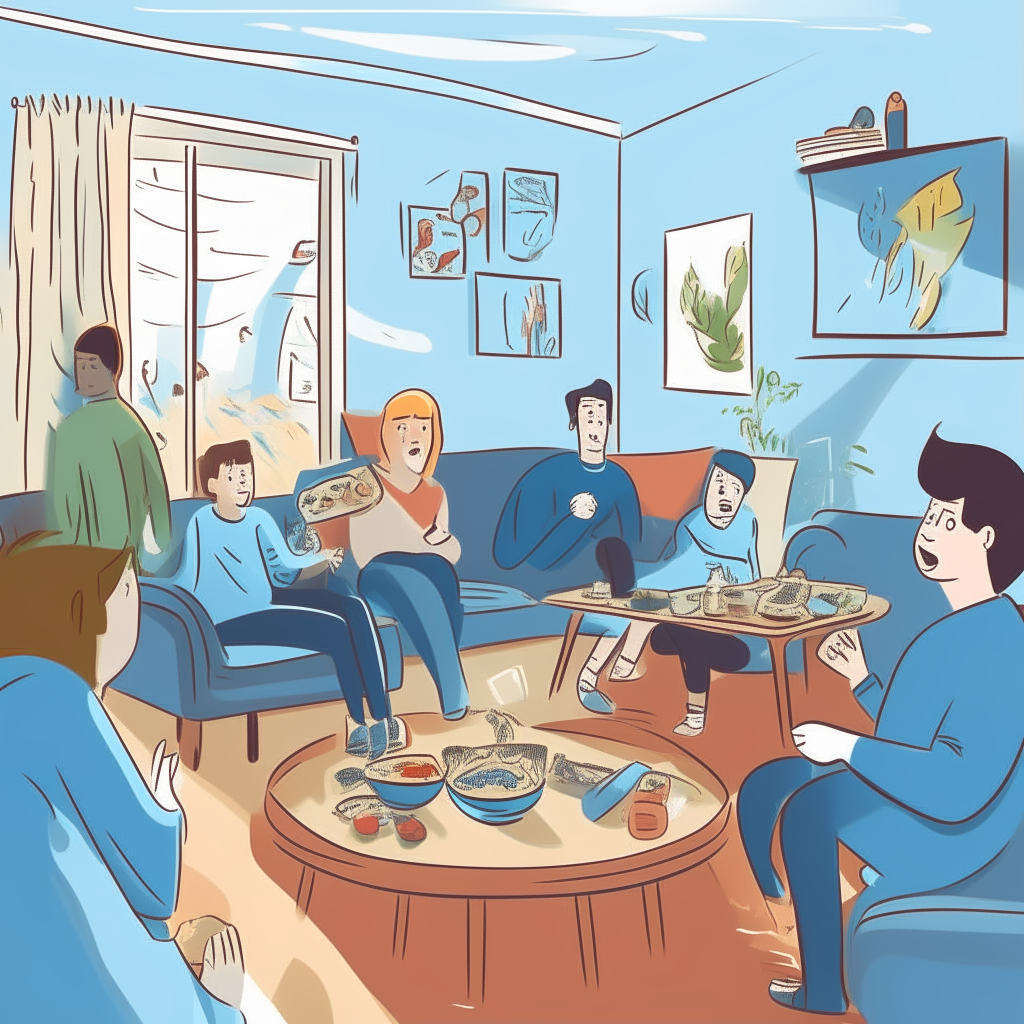 cartoon drawing of a living room with people talking, laughing and eating appetizers against a blue background