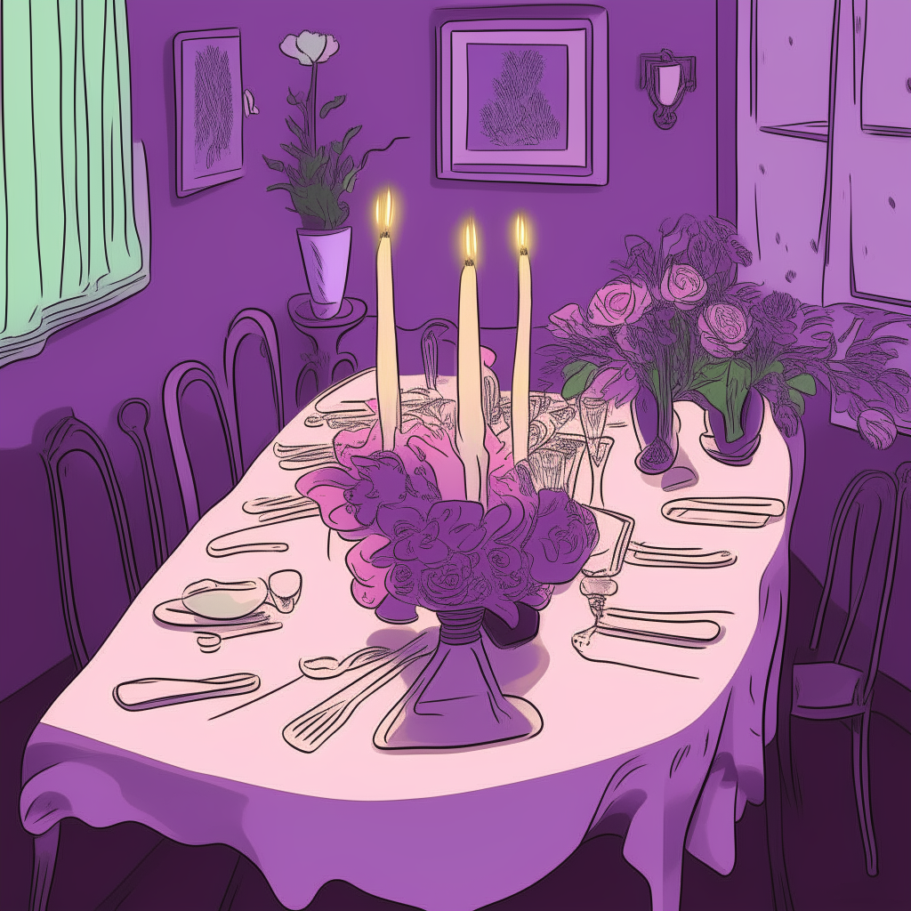 cartoon drawing of a dining room table set for dinner guests with flowers, candles and menu cards against a purple background