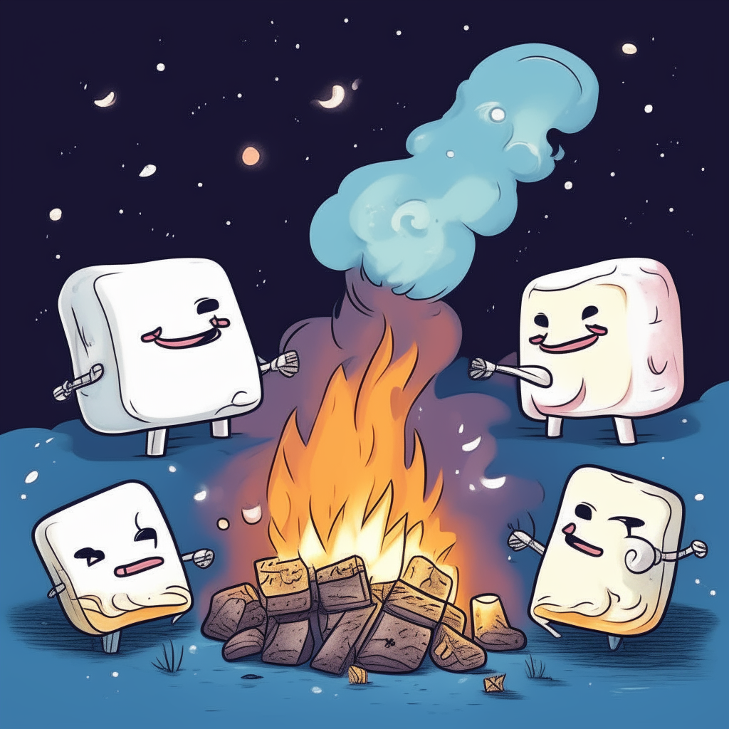 cartoon drawing of marshmallows roasting over a bonfire at night against a starry sky background