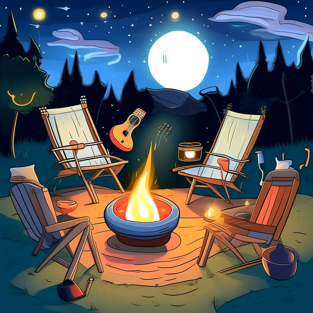 cartoon drawing of lawn chairs around a fire pit with a guitar, snacks and a cooler against a night sky background