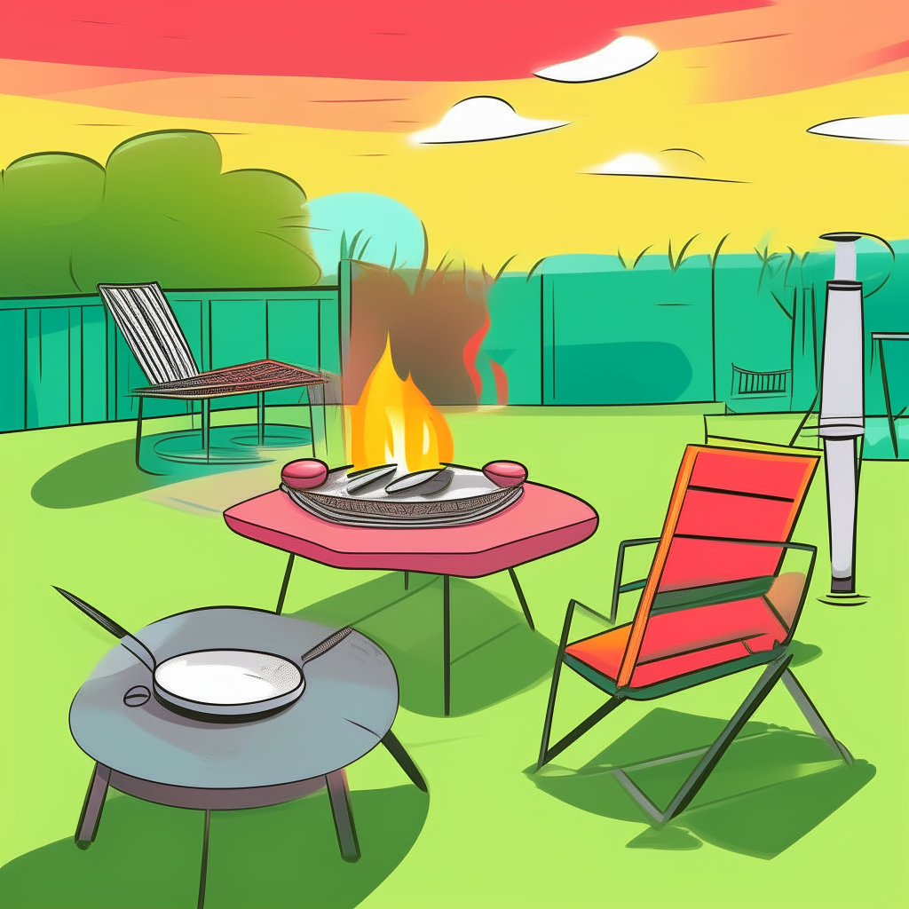 cartoon drawing of patio furniture, a grill, and lawn games in the backyard of a house against a green grass background