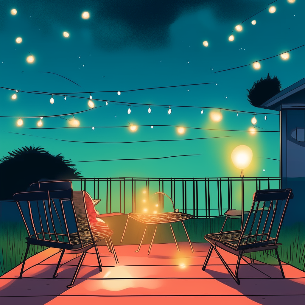 cartoon drawing of string lights hung over a patio with lawn chairs in the backyard of a house against a night sky background