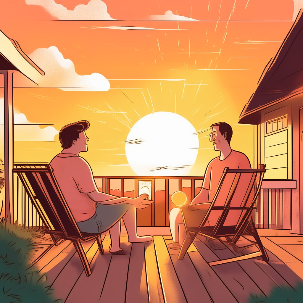 cartoon drawing of a couple relaxing in adirondack chairs on the back patio of a house against a sunset background