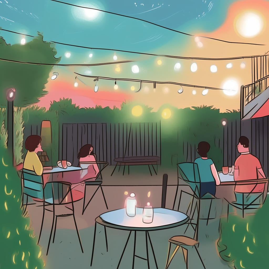 cartoon drawing of guests mingling on a backyard patio with string lights hung overhead against a night sky background