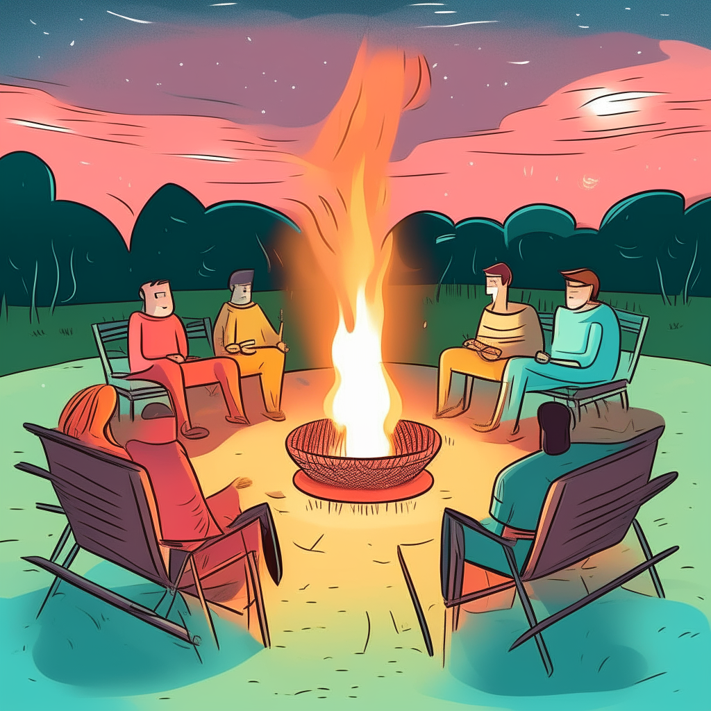 cartoon drawing of guests seated around a fire pit roasting marshmallows in a backyard against a starry sky