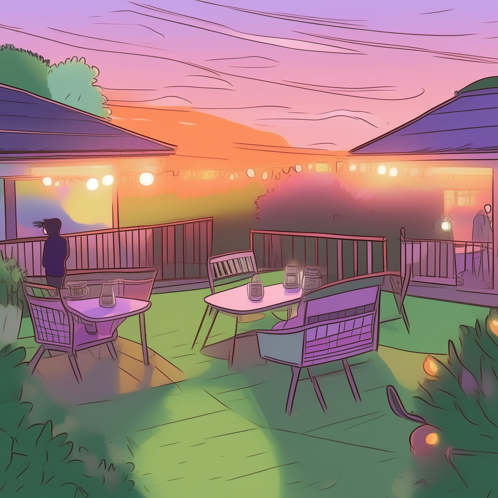 cartoon drawing of backyard patio at dusk with string lights and guests mingling against a purple sky