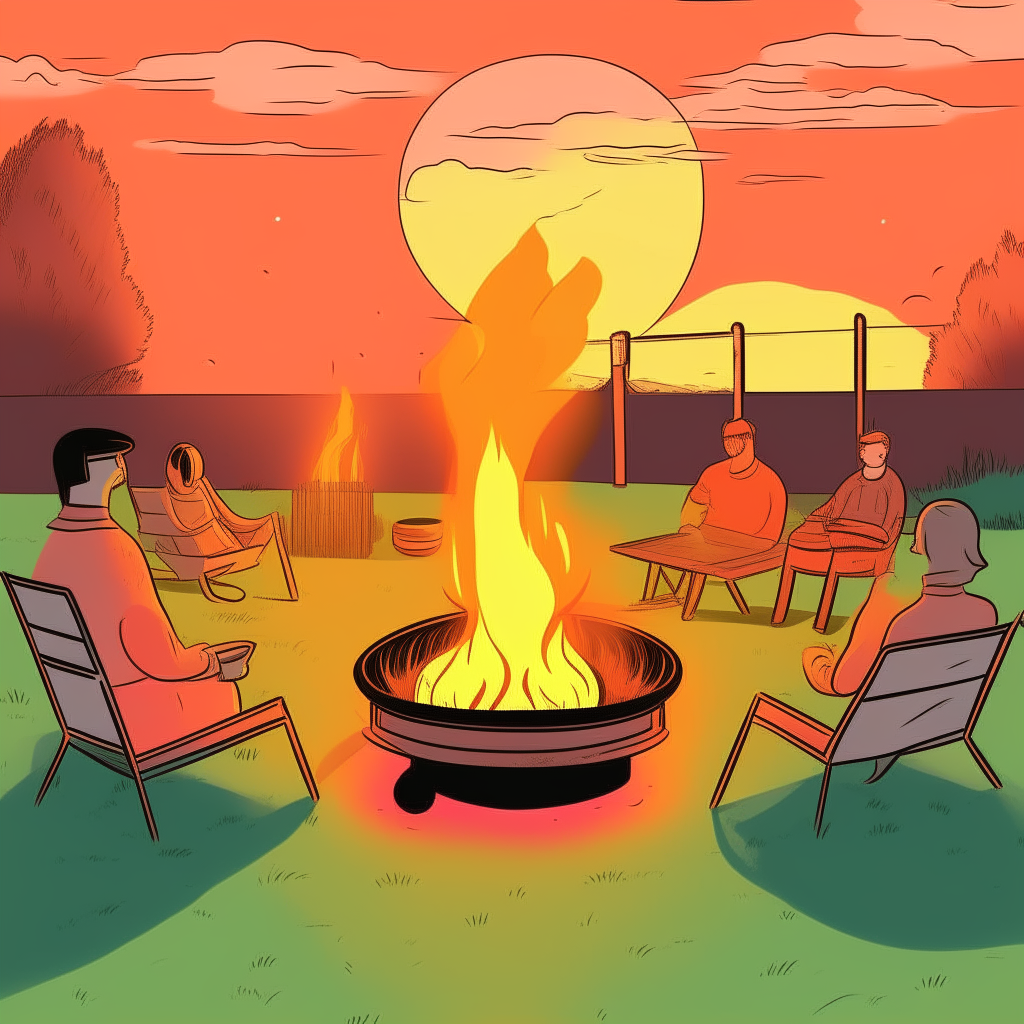 cartoon drawing of backyard fire pit at dusk with guests roasting marshmallows against an orange sky