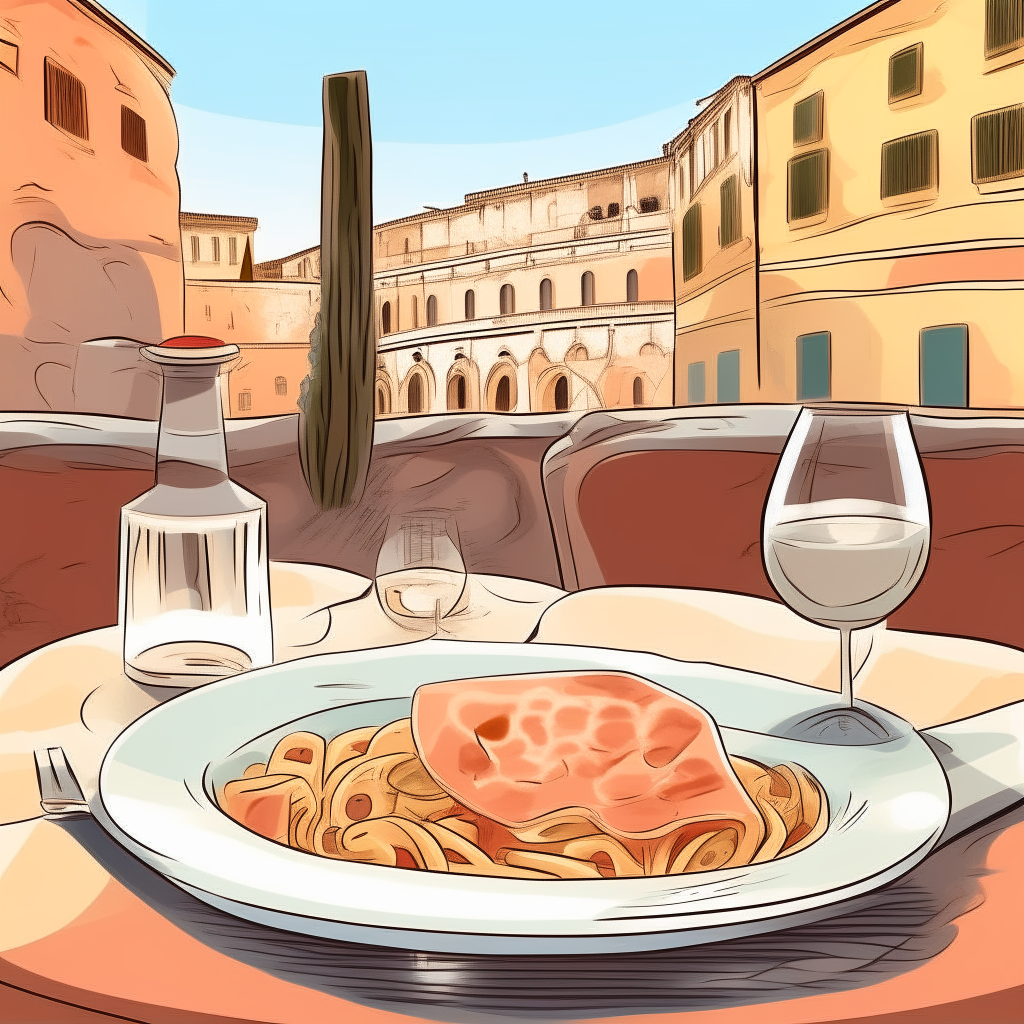 cartoon drawing of an Italian street cafe table with wine, pasta and gelato against a background of the Colosseum in Rome