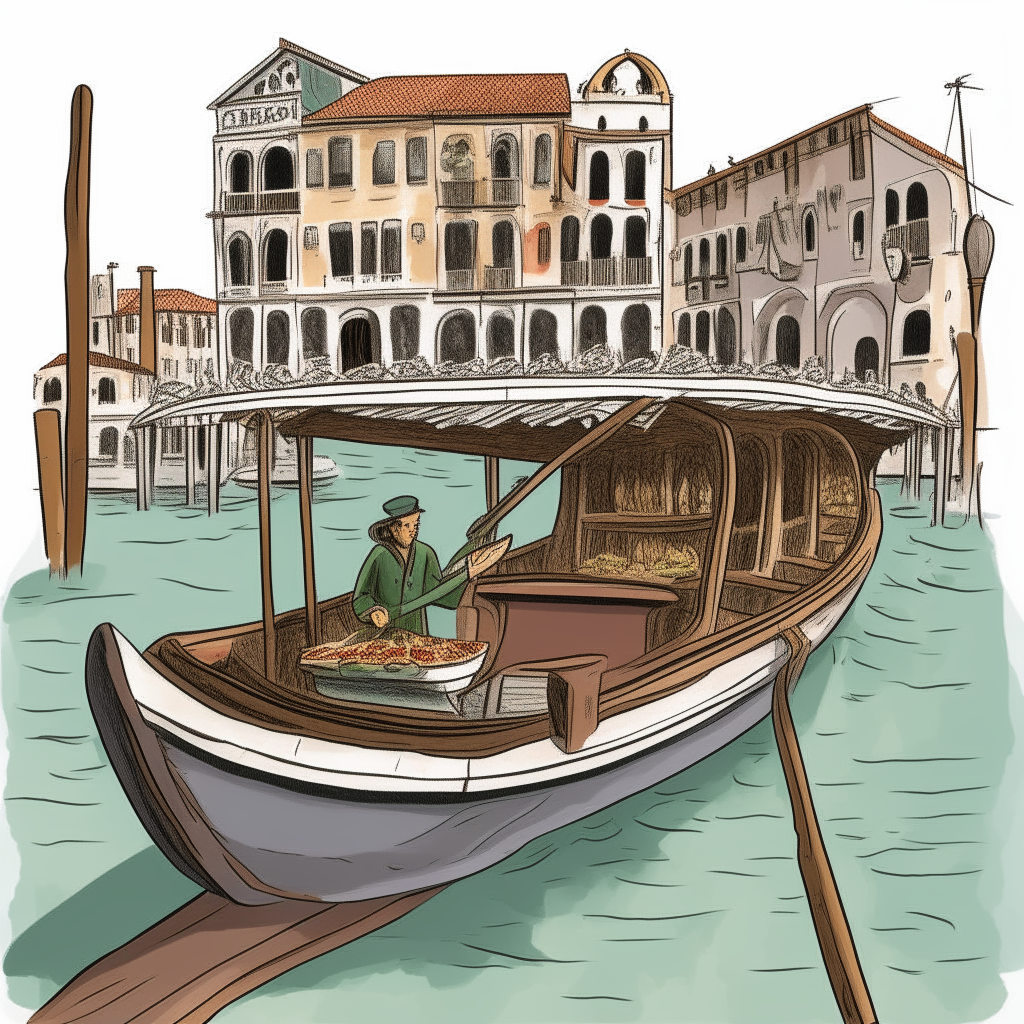 cartoon drawing of a gondola with a table set for two in Venice, with the Rialto bridge in the background