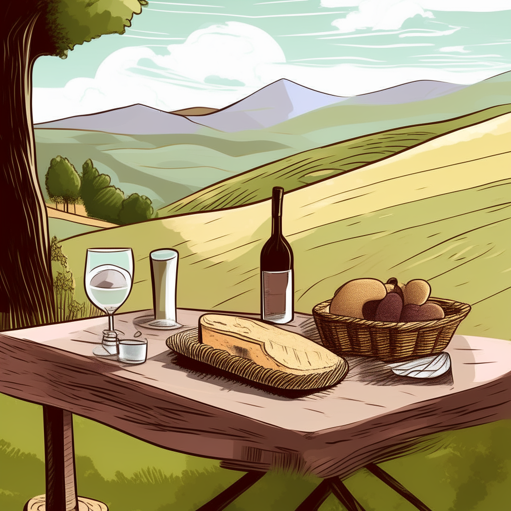 cartoon drawing of a Tuscan vineyard picnic table with wine, cheese and bread against a hilly landscape