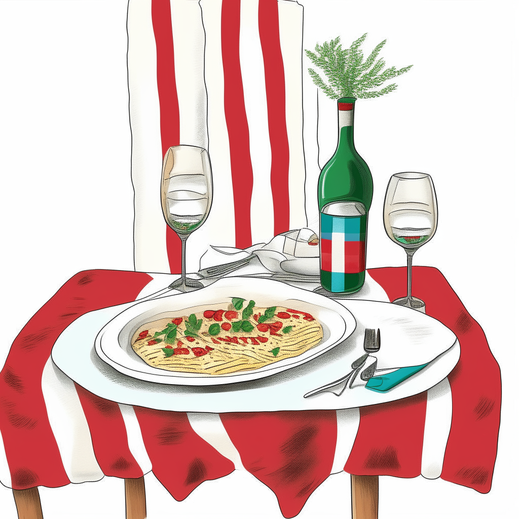 cartoon drawing of a dining table decorated with an Italian flag tablecloth, wine and pasta against a white wall