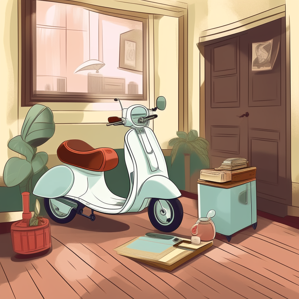 cartoon drawing of a living room with Vespa scooter decor, wine and gelato against a wood floor background