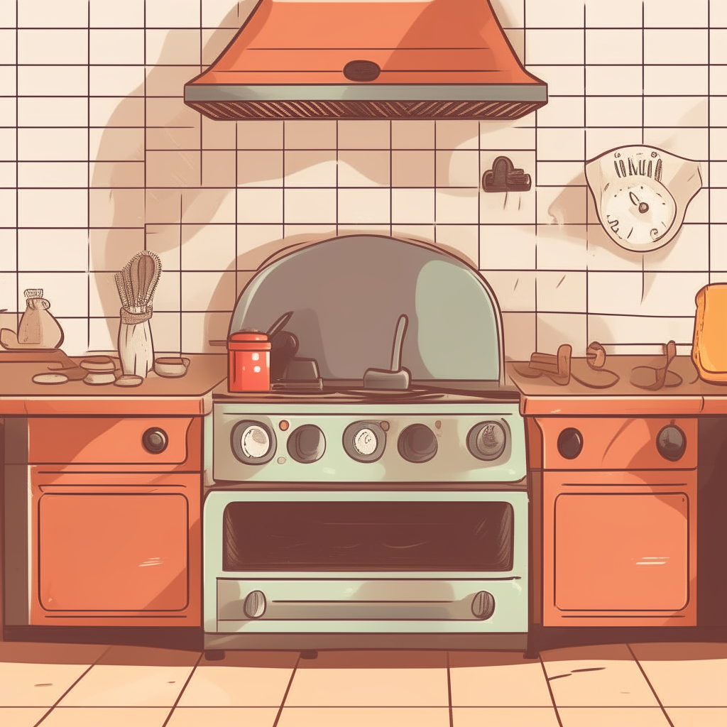 cartoon drawing of a kitchen with pizza oven, espresso machine and tomato sauce jars against a tile backsplash