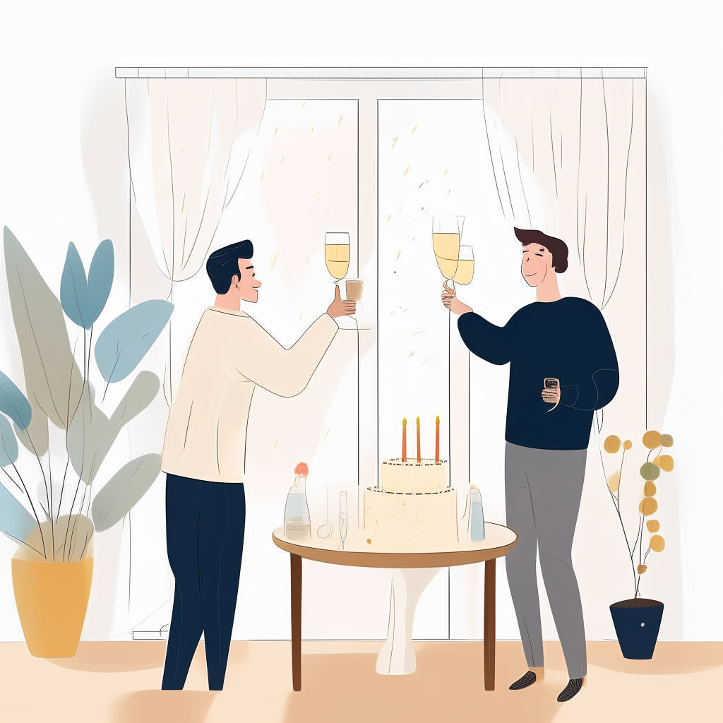 cartoon drawing of a couple celebrating an engagement with champagne and cake inside their apartment against a white wall