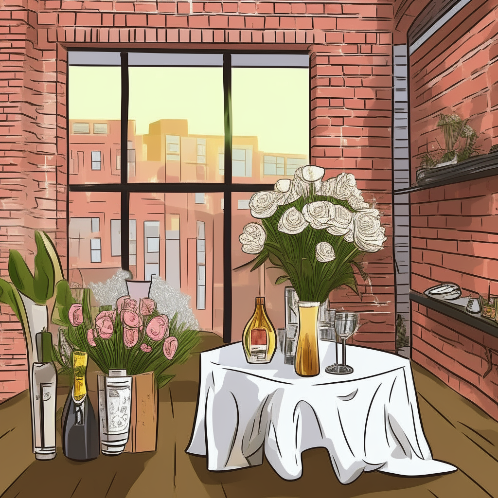 cartoon drawing of wedding gifts, flowers and champagne set up for a wedding reception inside an apartment against a brick wall