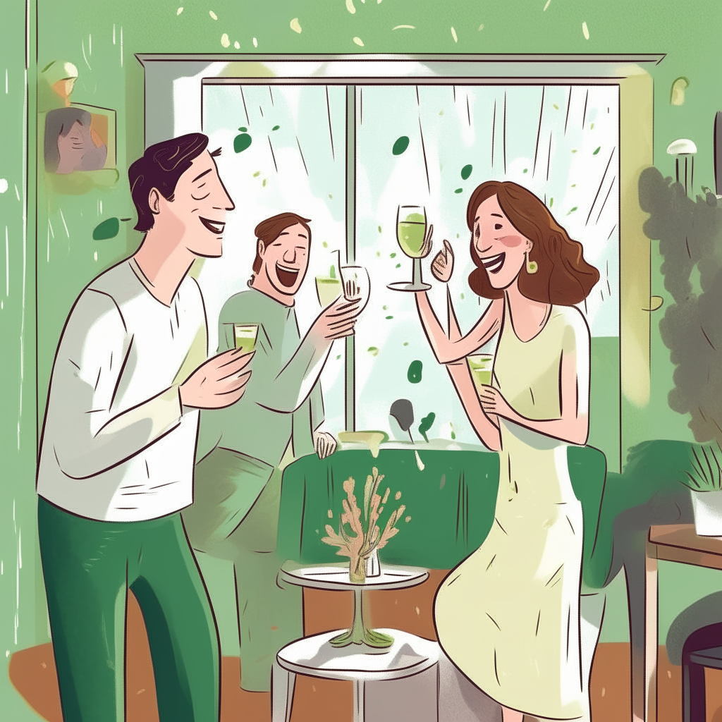 cartoon drawing of a couple celebrating an engagement with champagne and cake inside their apartment against a green wall