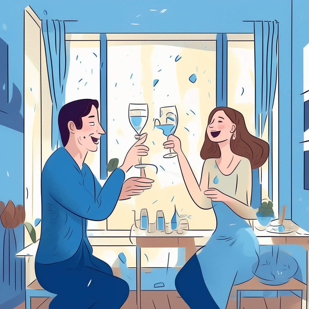 cartoon drawing of a couple celebrating an engagement with champagne and cake inside their apartment against a blue wall