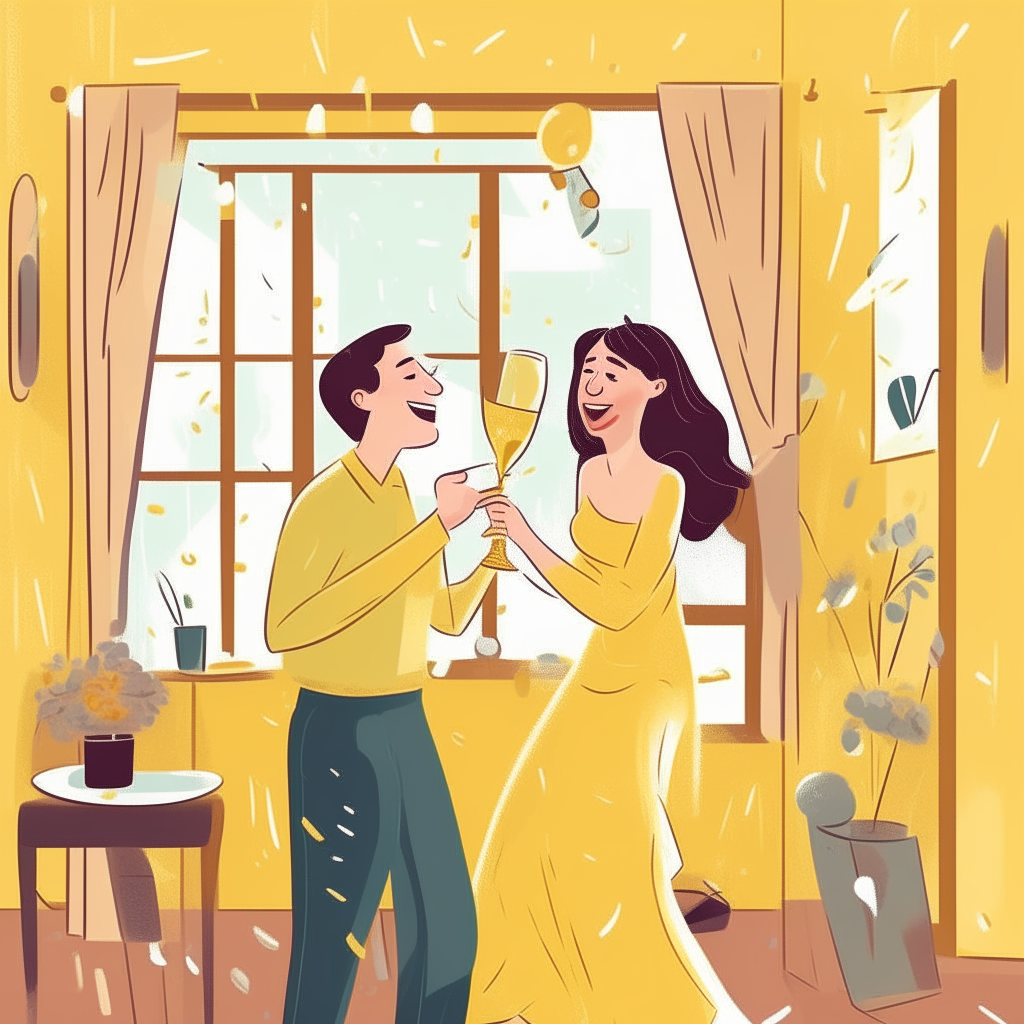 cartoon drawing of a couple celebrating an engagement with champagne and cake inside their apartment against a yellow wall