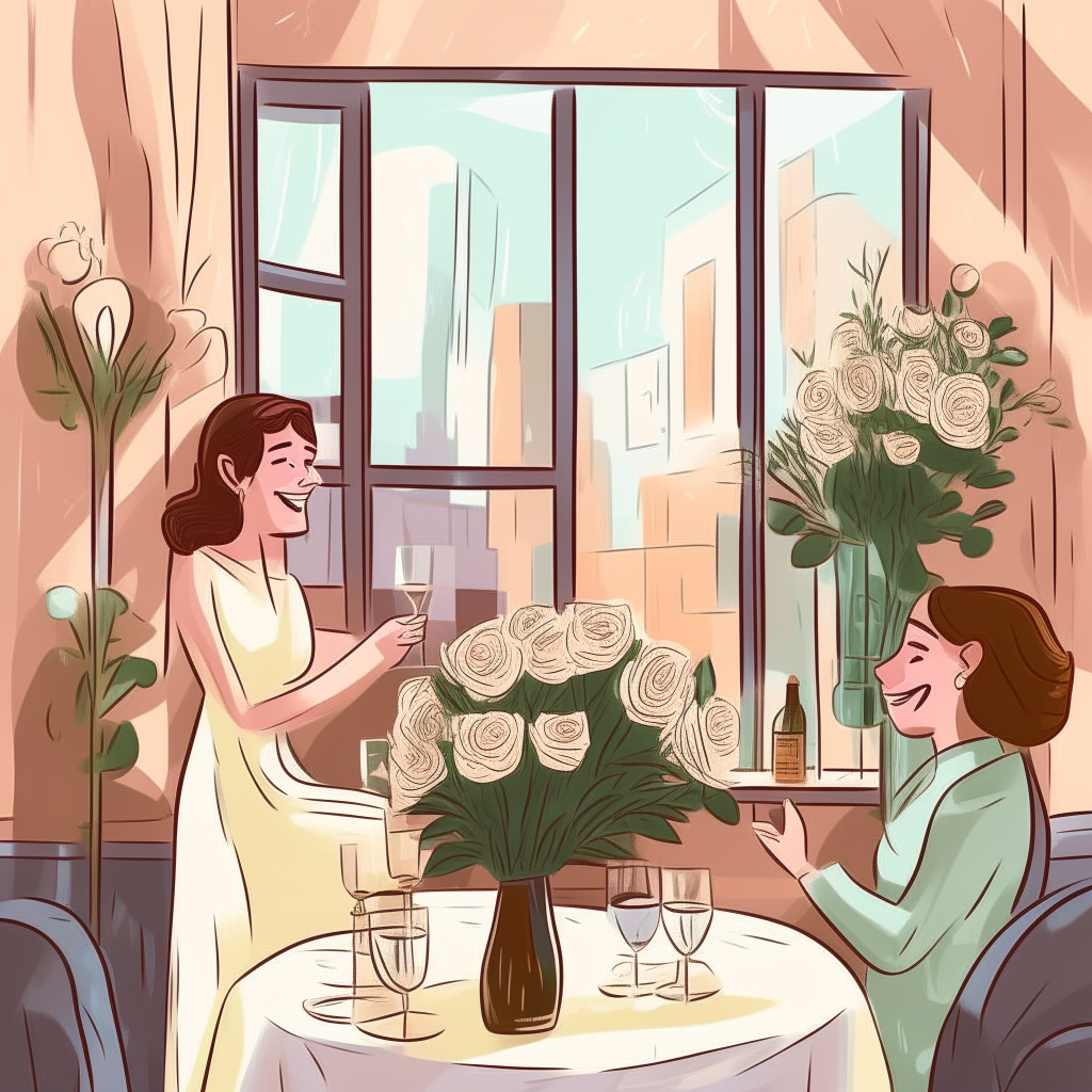 cartoon drawing of a couple celebrating an engagement with wedding cake, flowers and champagne inside their apartment