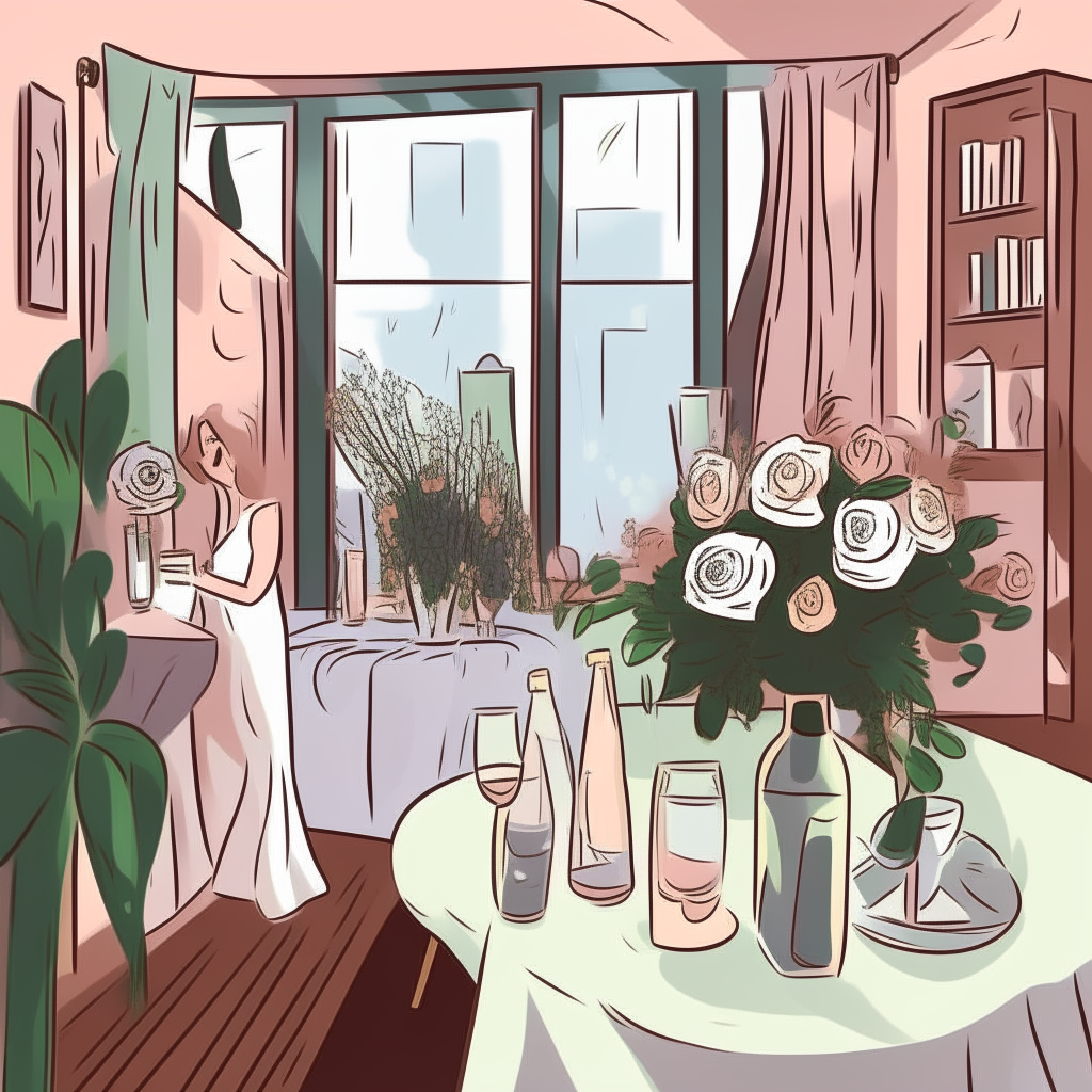 cartoon drawing of an engagement party with wedding gifts, flowers and champagne inside an apartment