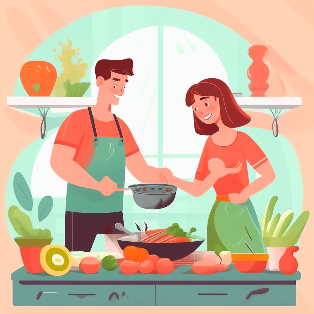 cartoon drawing of a couple cooking a healthy meal together in the kitchen with vegetables and chicken