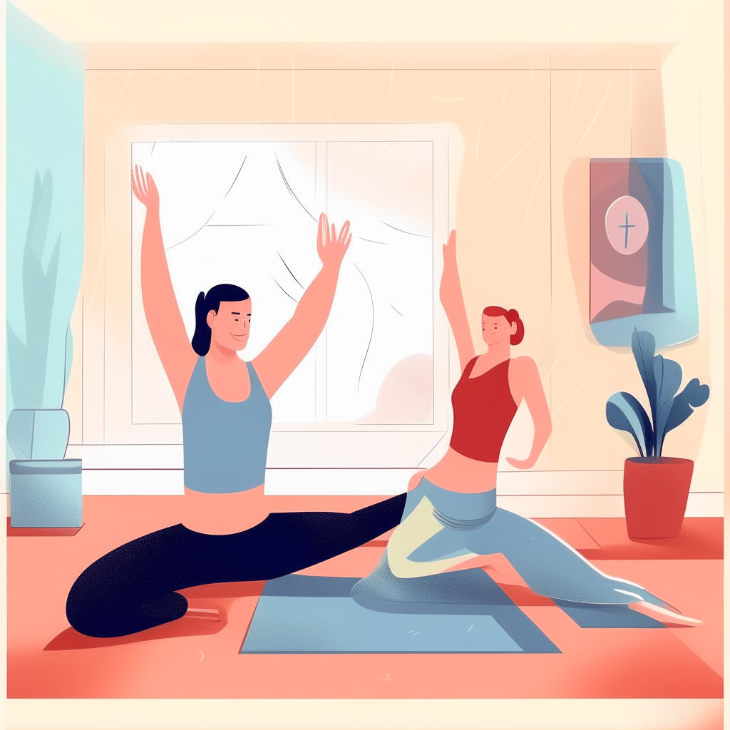 cartoon drawing of a couple stretching together before a home yoga session with mats and blocks