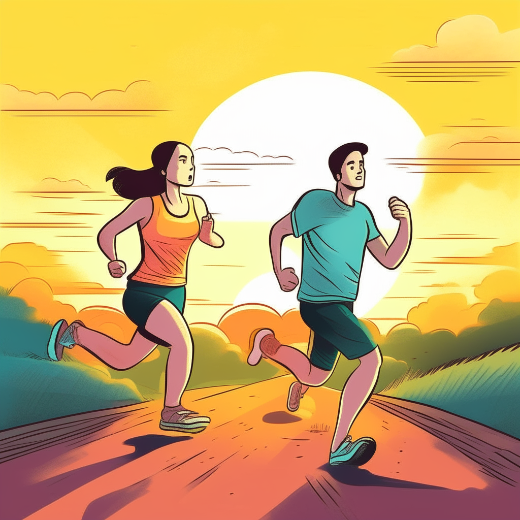 cartoon drawing of a couple going for a jog outside together against a sunrise background