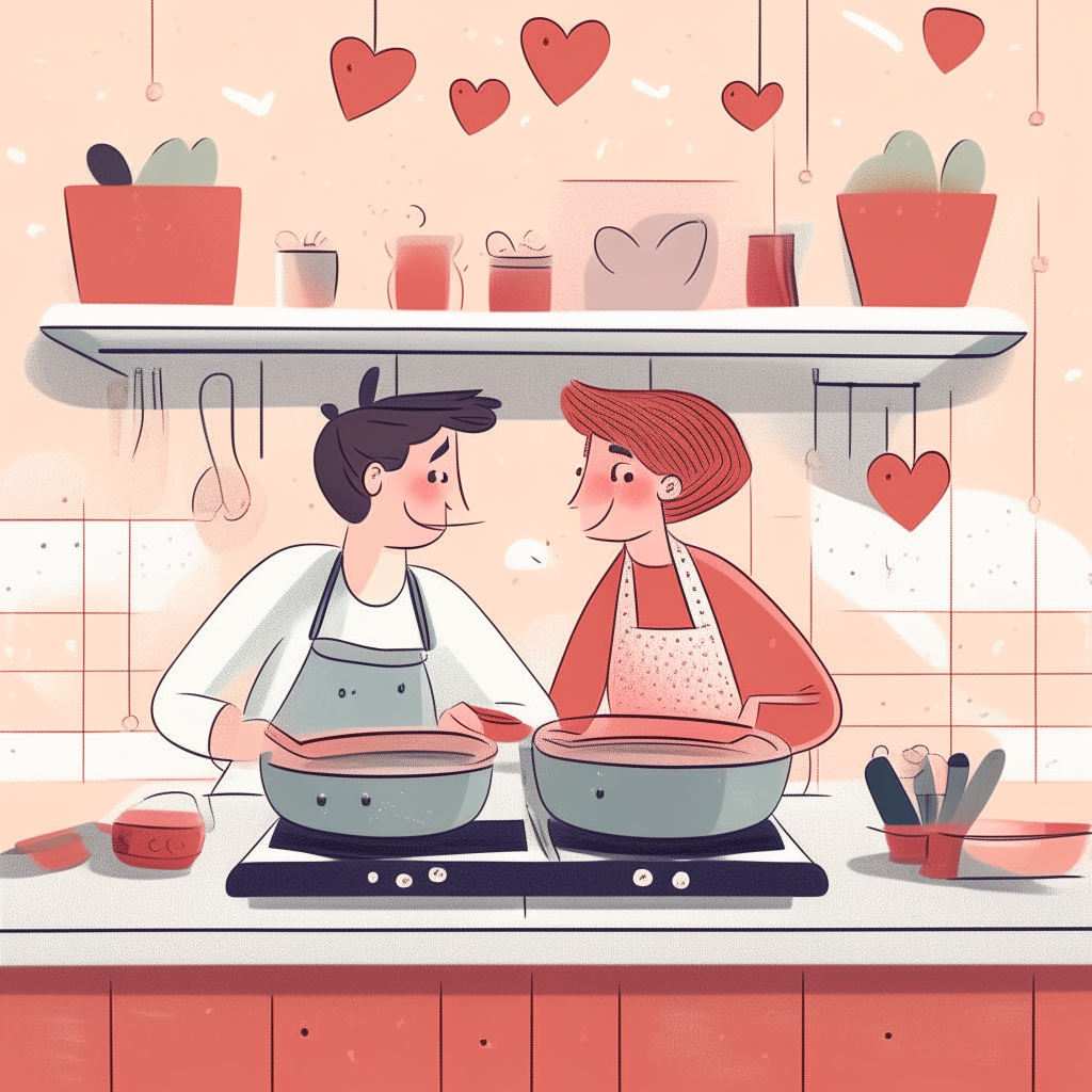 cartoon drawing of a couple cooking together in a kitchen with hearts floating above them