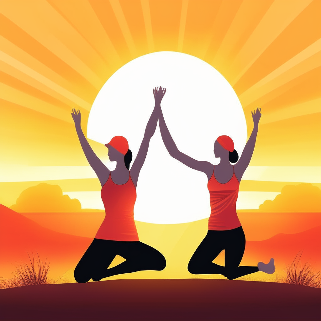 cartoon drawing of a couple stretching together with yoga mats against a sunrise background